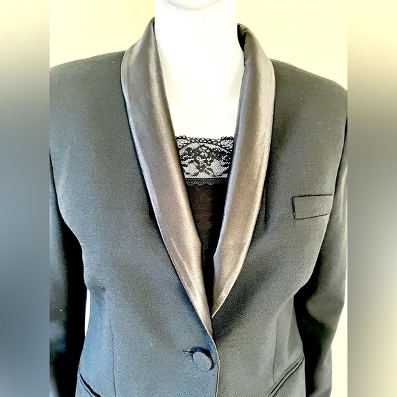 Zara black 100% Wool tuxedo style long blazer shiny black satin collar US Large - Picture 3 of 14